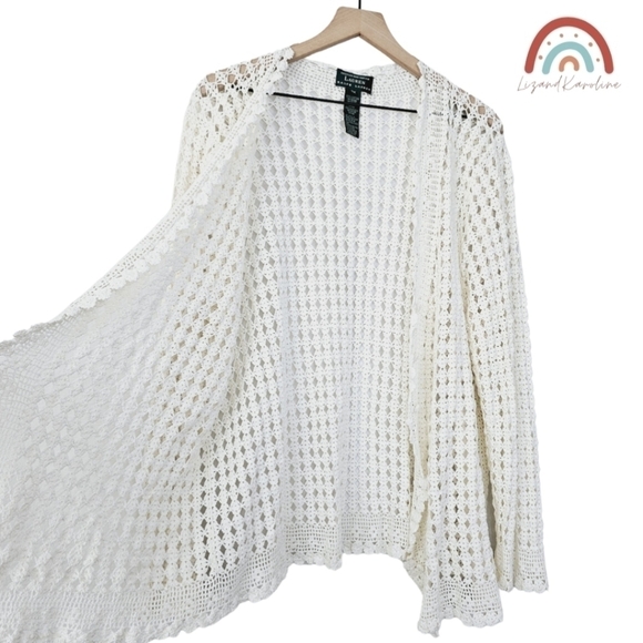 Vintage Lauren Ralph Lauren Hand Knit Crochet Cotton Boho Summer Cardigan 3X - Picture 5 of 15